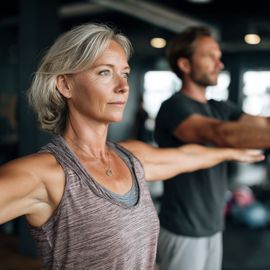 Mature woman doing stretching exercises with professional trainer in bright fitness studio