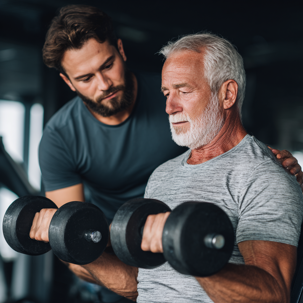Senior man exercising with weights under supervision of professional trainer in modern gym